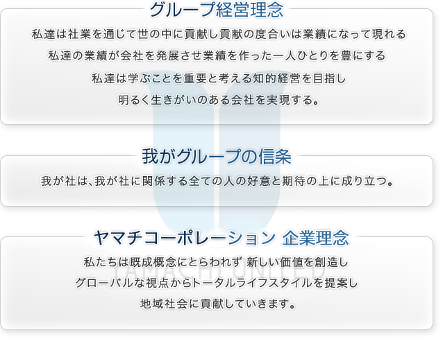 グループ経営理念 私達は社業を通じて世の中に貢献し貢献の度合いは業績になって現れる 私たちの業績が会社を発展させ業績を作った一人ひとりを豊にする 私達は学ぶことを重要と考える知的経営を目指し 明るく生きがいのある会社を実現する。 我がグループの信条 我が社は、我が社に関係する全ての人の好意と期待の上に成り立つ。 ヤマチコーポレーション 企業理念 私たちは既成概念にとらわれず 新しい価値を創造し グローバルな視点からトータルライフスタイルを提案し 地域社会に貢献していきます。