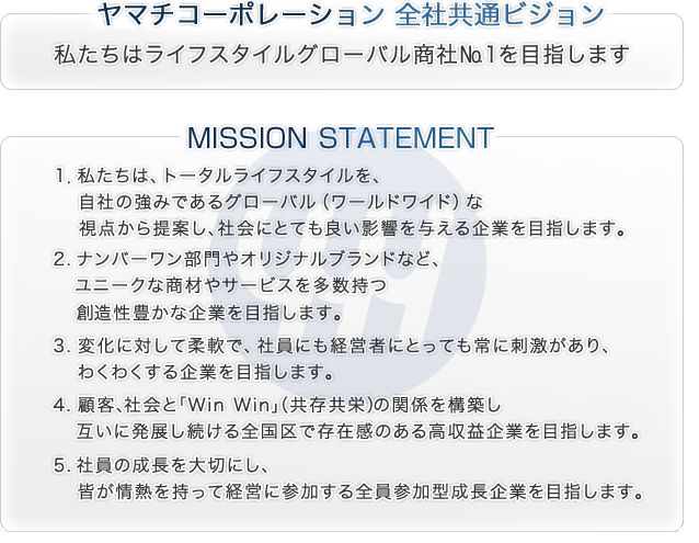 ヤマチコーポレーション 全社共通ビジョン 私たちはライフスタイルグローバル商社№1を目指します MISSION  STATEMENT 1、私たちは、トータルライフスタイルを、自社の強みであるグローバル（ワールドワイド）な視点から提案し、社会にとても良い影響を与える企業を目指します。 2、ナンバーワン部門やオリジナルブランドなど、ユニークな商材やサービスを多数持つ創造性豊かな企業を目指します。 3、変化に対して柔軟で、社員にも経営者にとっても常に刺激があり、わくわくする企業を目指します。4、顧客、社会と「Win Win」（共存共栄）の関係を構築し互いに発展し続ける全国区で存在感のある高収益企業を目指します。 5、社員の成長を大切にし、皆が情熱を持って経営に参加する全員参加型成長企業を目指します。